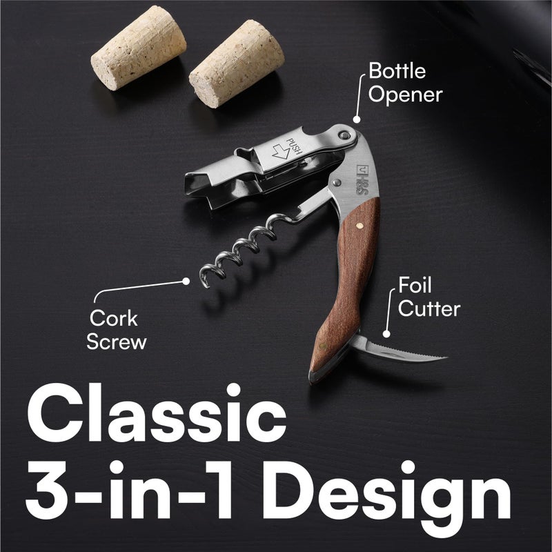 H&S Stainless Steel Waiters Corkscrew for Wine Bottle - Professional Wine Bottle Opener with Wooden Handle - 3-in-1 Function Corkscrew Bottle Opener for Smooth Opening - Image 3